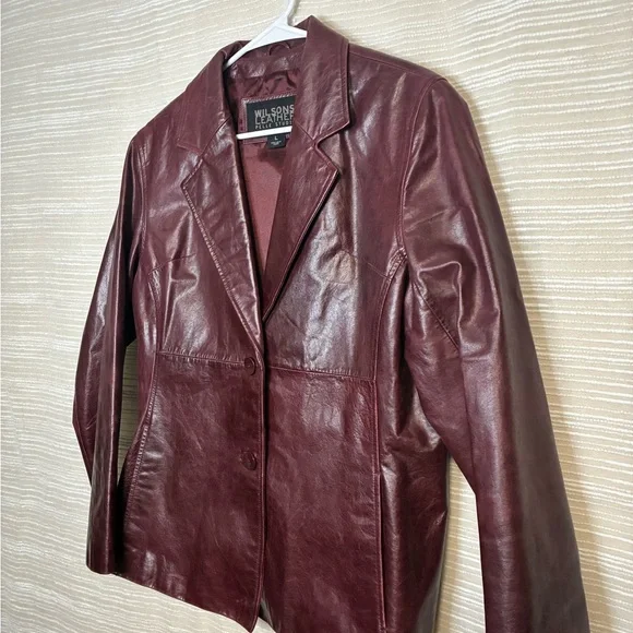 90s/Y2K Wilsons Pelle Studio Oxblood Red Genuine Leather 2-Button Blazer - Picture 3 of 10